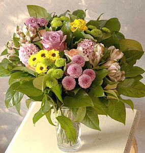 Every day arrangement made of salal, santini, rosa, alstroemeria, hyacinthus all colours